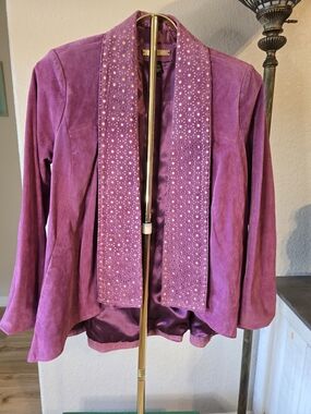 IMAN Purple Suede Open Front Jacket with Embellished Shawl